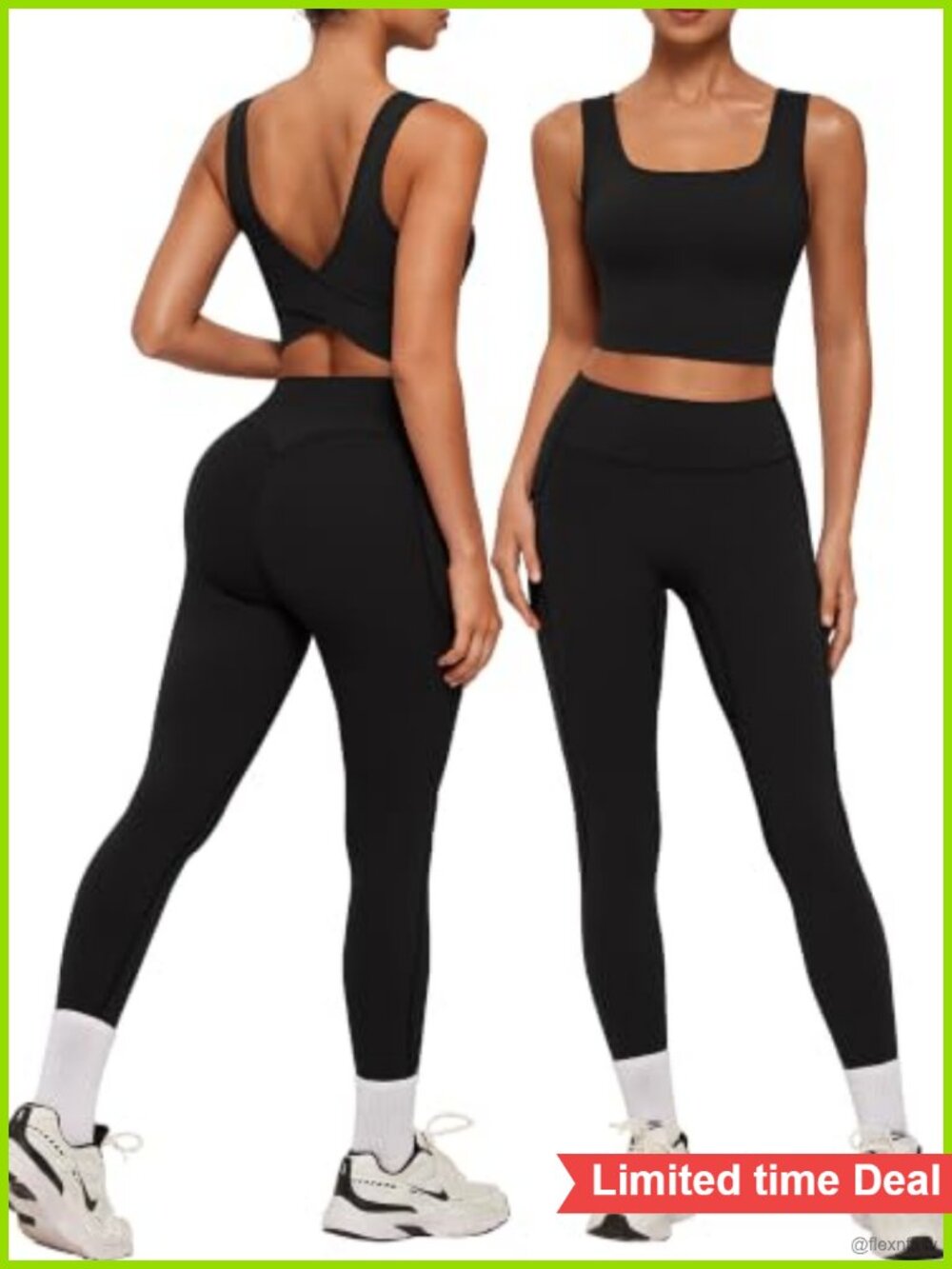 SUUKSESS 2 Piece Crossover Back Tank Top & Leggings Set, Nylon Elastane, Gym